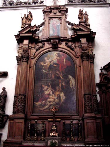 Sint-Martinuskerk AALST foto Het eikenhouten portiek van het St. Rochusaltaar bevat een schilderij van Pieter Paul Rubens (1624) waarop Sint Rochus wordt aangeduid als patroon van de pestlijders.