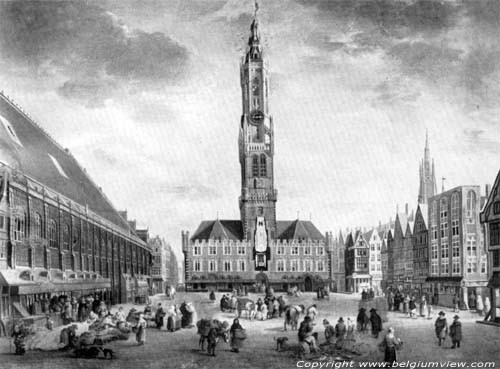 Belfort van Brugge en hallen (halletoren) BRUGGE foto Op dit oude schilderij is de vroegere torenspits zichtbaar.
