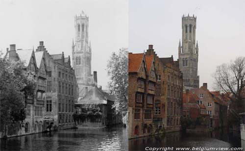 Belfort van Brugge en hallen (halletoren) BRUGGE foto Links foto uit 1938 van Pim Vermeulen.  Rechts onze foto uit 2003.