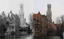 Belfort van Brugge en hallen (halletoren) BRUGGE foto: Links foto uit 1938 van Pim Vermeulen.  Rechts onze foto uit 2003.